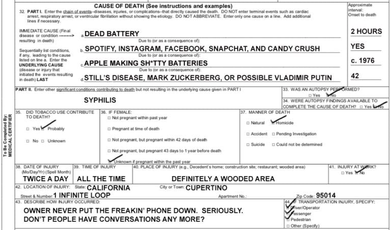 dead battery death certificate