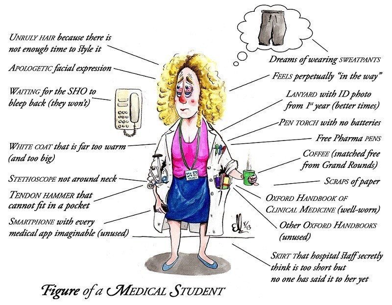 Caricatures of a Medical Student, an Intern, and a Paediatrician