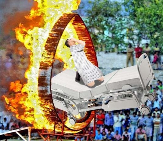 Daredevil Patient on Bed Jumps Through Ring of Fire
